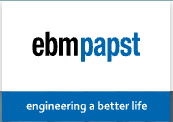 ebm papst logo on a white background with ebm in black and papst in blue, blue banner at the bottom with white letters that say "engineering a better life"